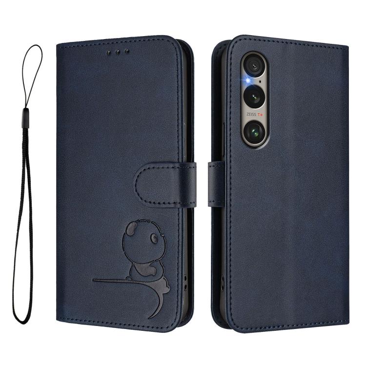 Funda de cuero con relieve RFID y cordón para Sony Xperia 1 VI (azul)