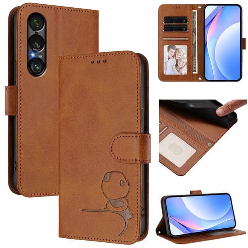 Funda de cuero con relieve RFID y cordón para Sony Xperia 1 VII (marrón)
