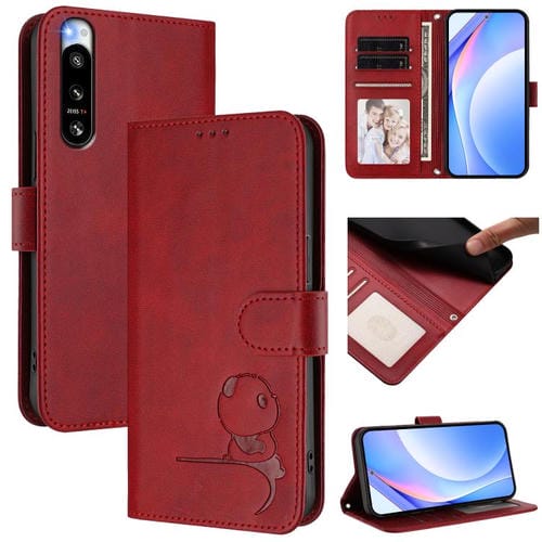 Funda de cuero RFID con estampado de panda para Sony Xperia 5 IV con cordón (rojo vino)