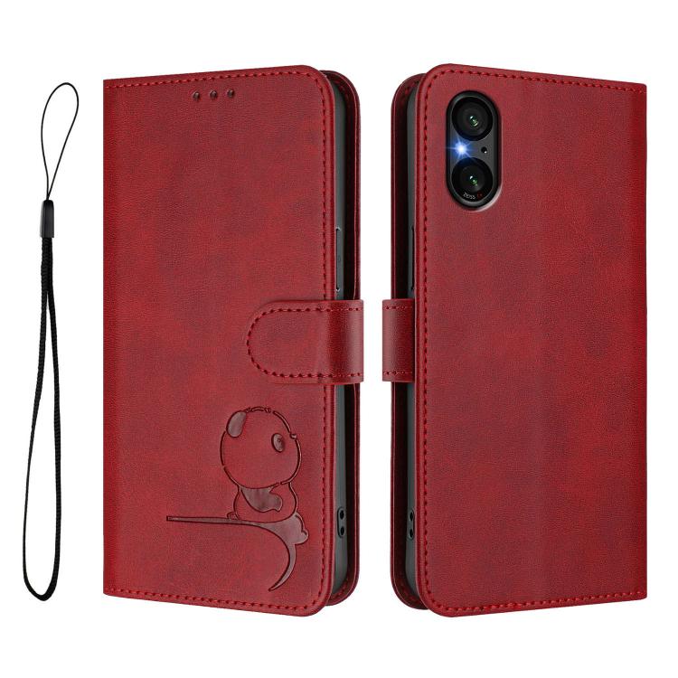 Funda de cuero RFID con estampado de panda y cordón para Sony Xperia 5 V (rojo vino)