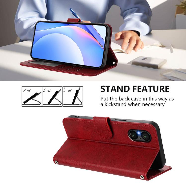 Funda de cuero RFID con estampado de panda y cordón para Sony Xperia 5 V (rojo vino)