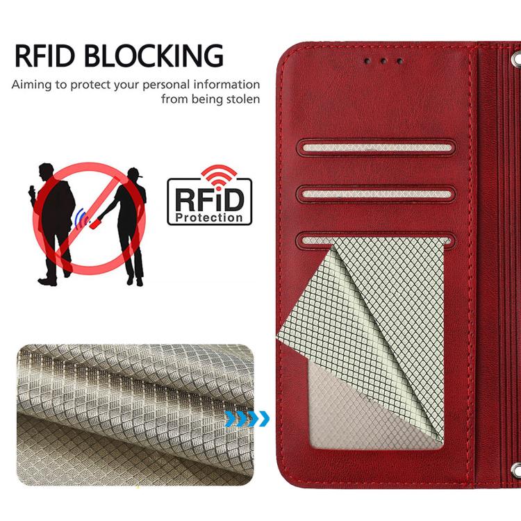 Funda de cuero RFID con estampado de panda y cordón para Sony Xperia 5 V (rojo vino)