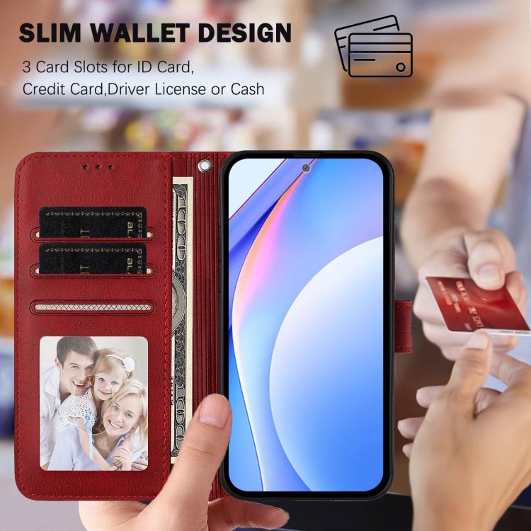 Funda de cuero RFID con estampado de panda y cordón para Sony Xperia 5 V (rojo vino)