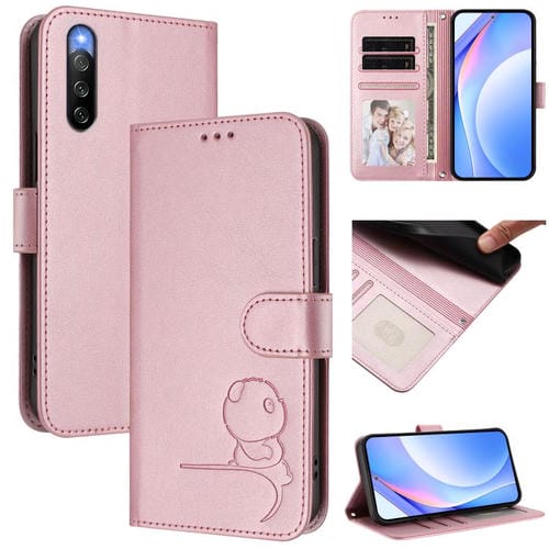 Funda de cuero con relieve RFID y cordón para Sony Xperia 10 IV (rosa)