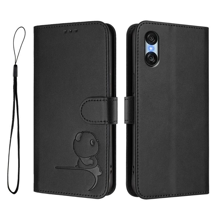 Funda de cuero RFID con estampado de panda para Sony Xperia 10 VI con cordón (negra)