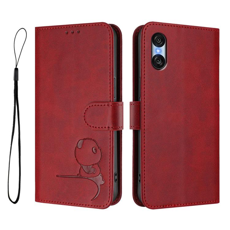 Funda de cuero RFID con estampado de panda para Sony Xperia 10 VI con cordón (rojo vino)