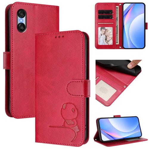 Funda de cuero RFID con relieve de panda para Sony Xperia 10 VI con cordón (rosa)