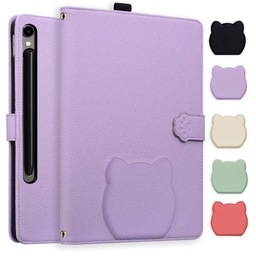 Funda de piel de lichi con tacto de gato para Samsung Galaxy Tab S10 FE+ (morada)