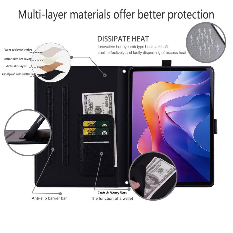 Funda de piel de lichi con tacto de gato para Xiaomi Redmi Pad 2 (negra)