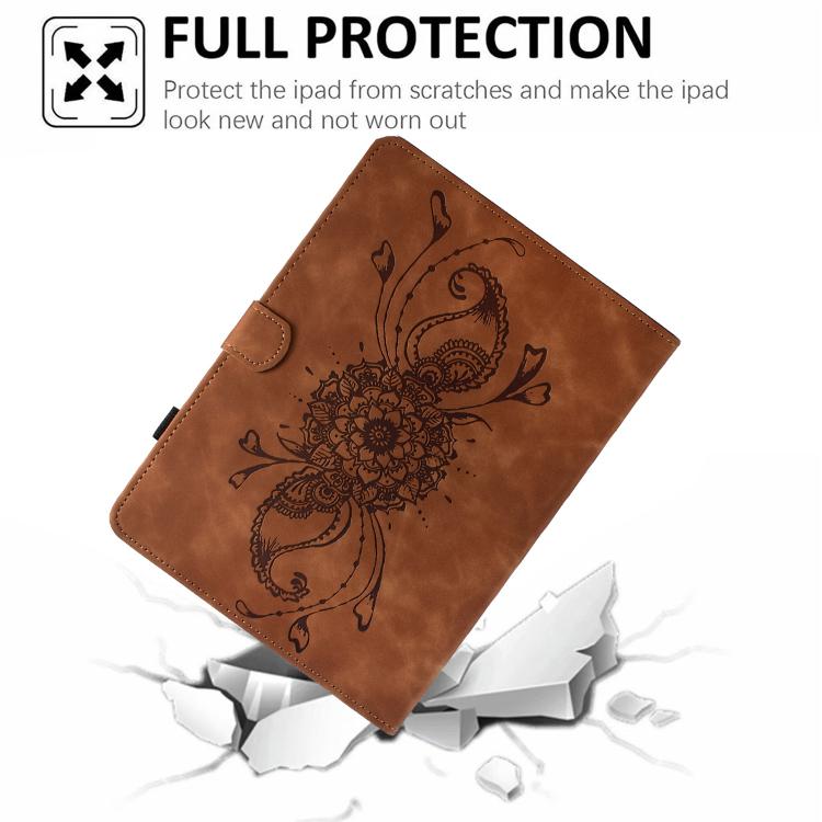 Funda de cuero inteligente con relieve de mandala para Samsung Galaxy Tab S10 FE+ (marrón)