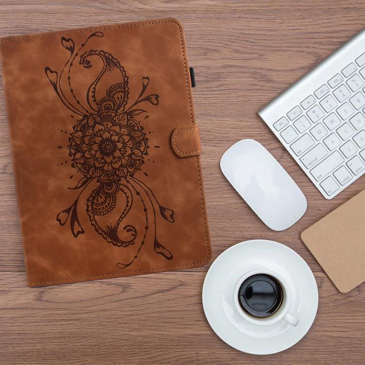 Funda de cuero inteligente con relieve de mandala para Samsung Galaxy Tab S10 FE+ (marrón)