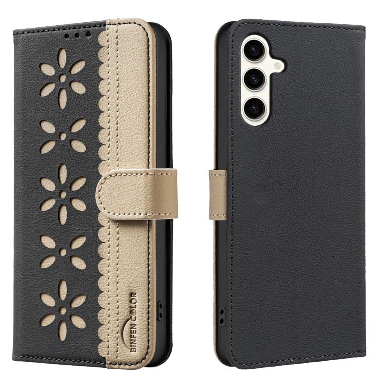 Funda de cuero RFID con estampado floral hueco para Samsung Galaxy M36 5G (negro)