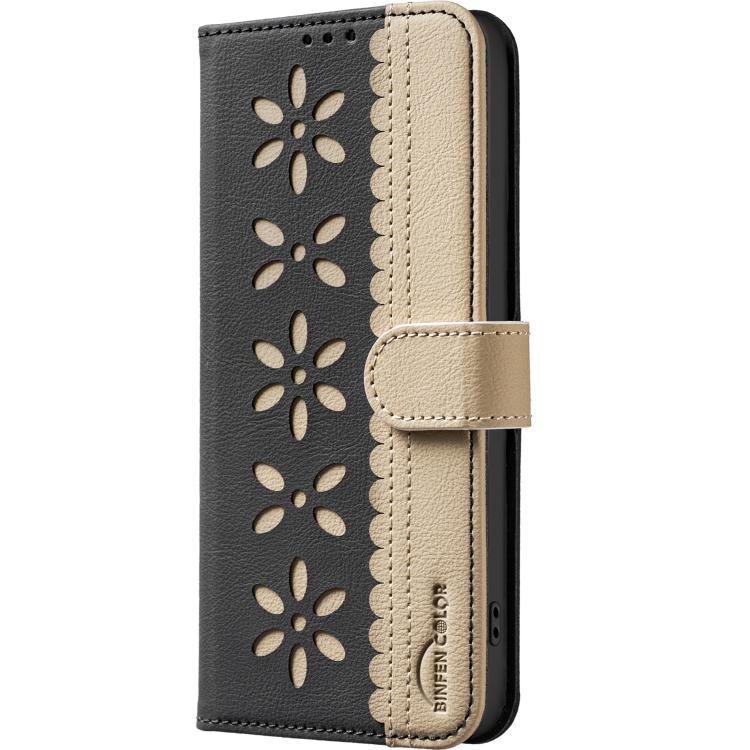 Funda de cuero RFID con estampado floral hueco para Samsung Galaxy M36 5G (negro)