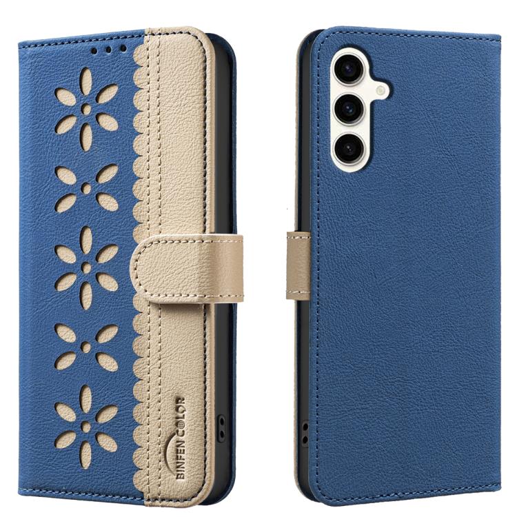 Funda de cuero RFID con estampado floral hueco para Samsung Galaxy M36 5G (azul oscuro)