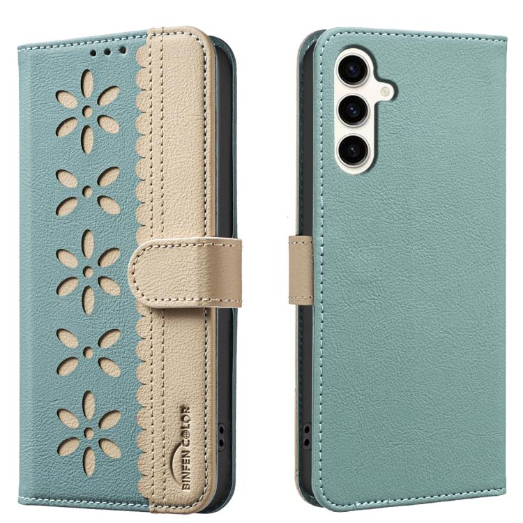 Funda de cuero RFID con estampado floral hueco para Samsung Galaxy M36 5G (verde)