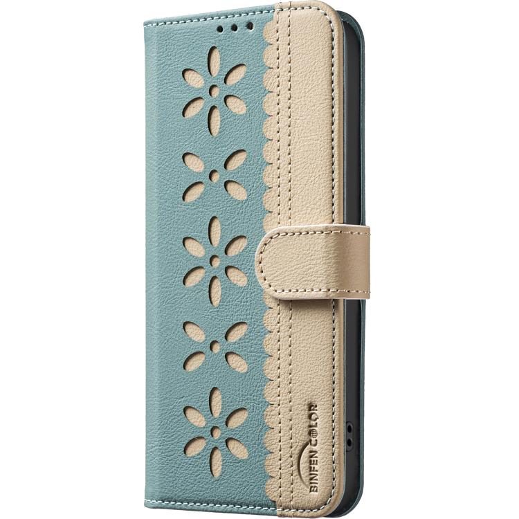 Funda de cuero RFID con estampado floral hueco para Samsung Galaxy M36 5G (verde)