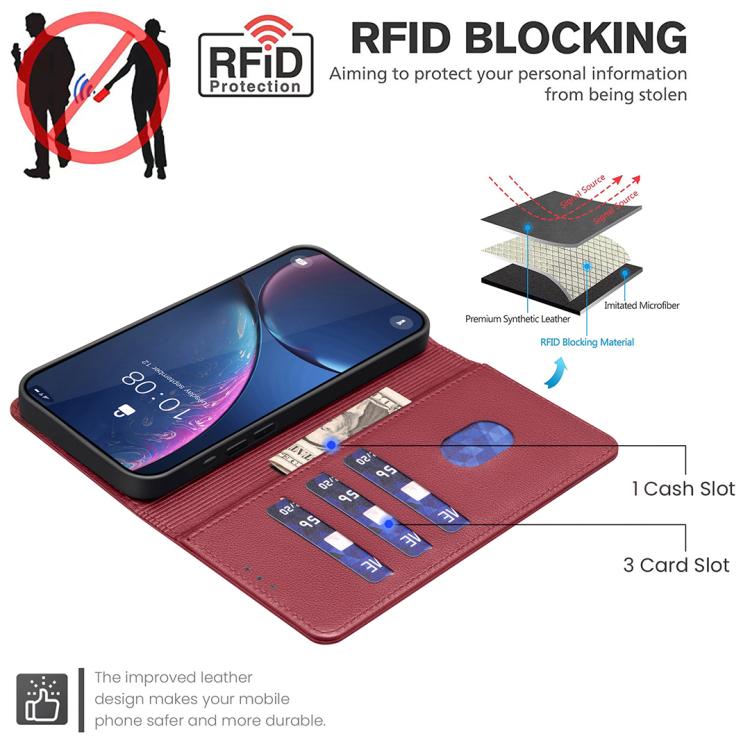 Funda de cuero antirrobo RFID con textura Litchi para Samsung Galaxy S25 FE 5G (Roja)