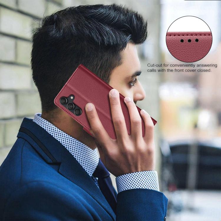 Funda de cuero antirrobo RFID con textura Litchi para Samsung Galaxy S25 FE 5G (Roja)