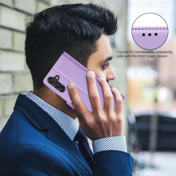 Funda de cuero antirrobo RFID con textura Litchi para Samsung Galaxy S25 FE 5G (morado)
