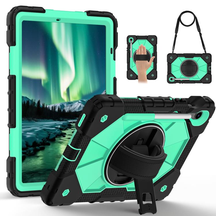 Funda híbrida de silicona con diseño de robot para Samsung Galaxy Tab S10 FE/S9 (negro y verde menta)