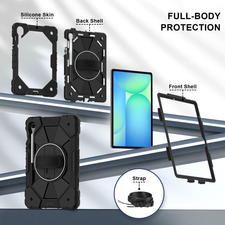 Funda híbrida de silicona con diseño de robot en color de contraste para Samsung Galaxy Tab S10 FE/S9 (negra)