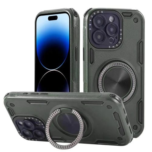 Funda magnética con rotación de 360 grados y mecanismo de tres núcleos para iPhone 14 Pro Max (verde militar)
