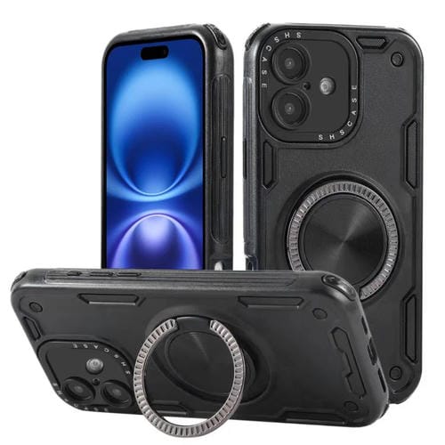 Funda magnética con rotación de 360 grados y mecanismo de tres núcleos para iPhone 16 Plus (negra)