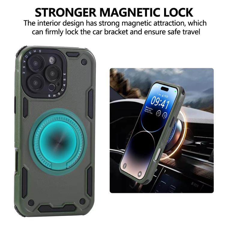 Funda magnética de tres núcleos con rotación de 360 grados para iPhone 16 Pro Max (verde militar)
