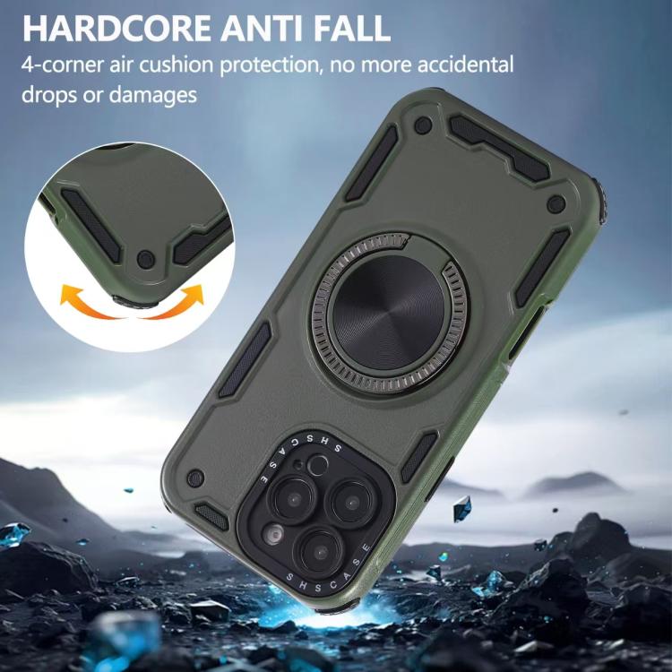 Funda magnética de tres núcleos con rotación de 360 grados para iPhone 16 Pro Max (verde militar)