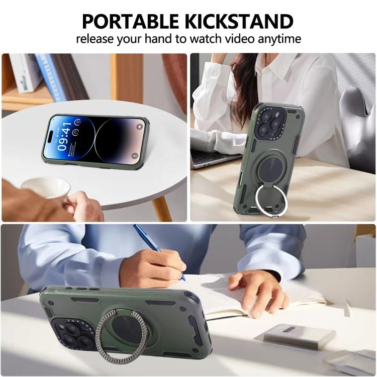 Funda magnética de tres núcleos con rotación de 360 grados para iPhone 16 Pro Max (verde militar)