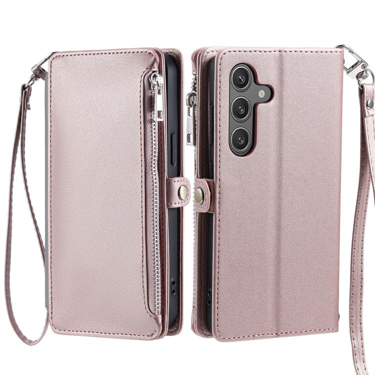 Funda de cuero con cremallera y ranura para múltiples tarjetas para Samsung Galaxy S25 FE 5G (oro rosa)