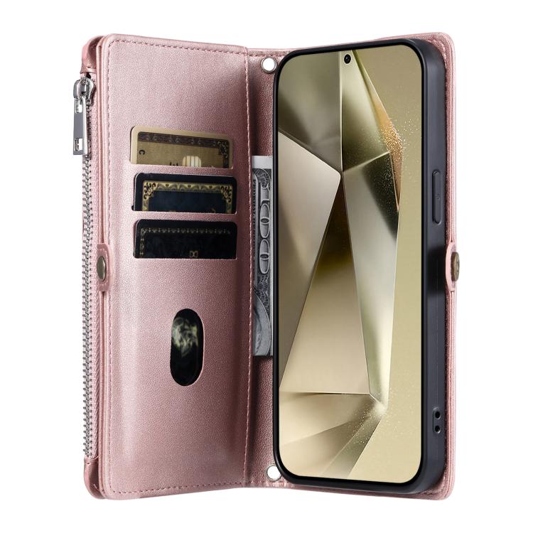 Funda de cuero con cremallera y ranura para múltiples tarjetas para Samsung Galaxy S25 FE 5G (oro rosa)