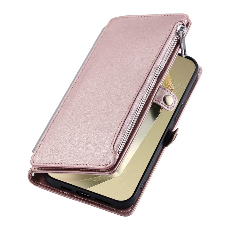Funda de cuero con cremallera y ranura para múltiples tarjetas para Samsung Galaxy S25 FE 5G (oro rosa)