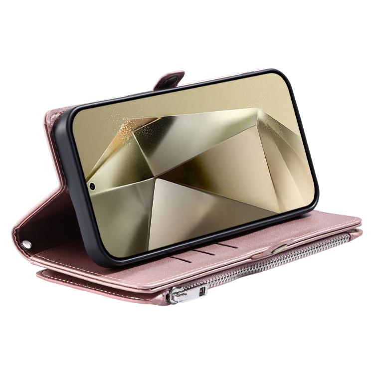 Funda de cuero con cremallera y ranura para múltiples tarjetas para Samsung Galaxy S25 FE 5G (oro rosa)