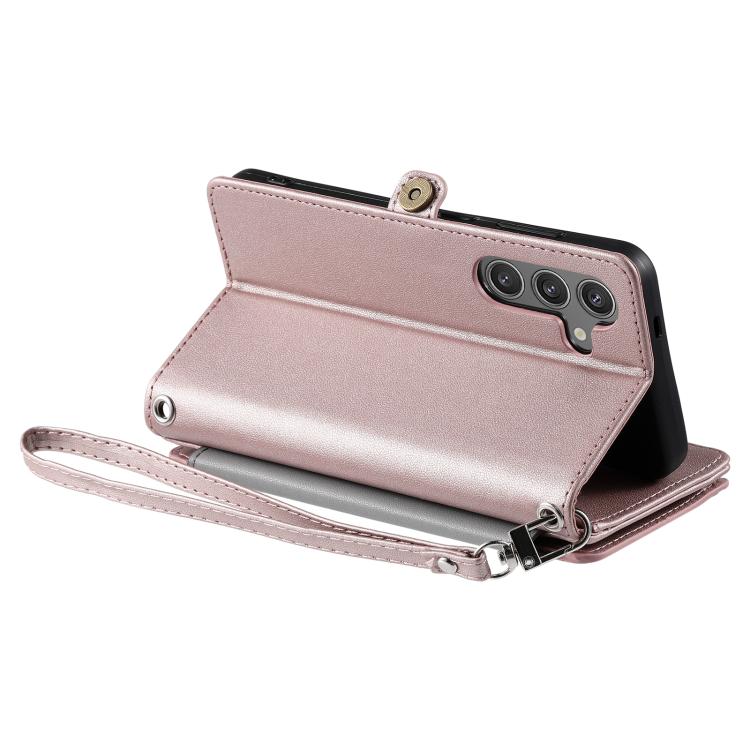 Funda de cuero con cremallera y ranura para múltiples tarjetas para Samsung Galaxy S25 FE 5G (oro rosa)