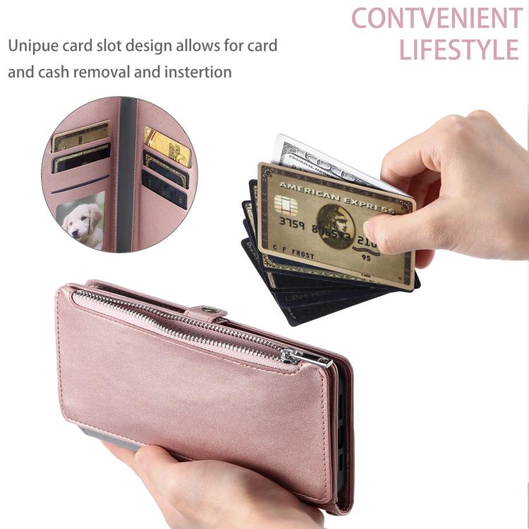 Funda de cuero con cremallera y ranura para múltiples tarjetas para Samsung Galaxy S25 FE 5G (oro rosa)