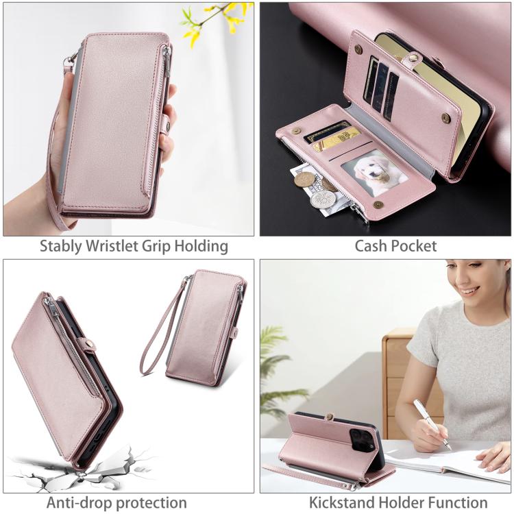 Funda de cuero con cremallera y ranura para múltiples tarjetas para Samsung Galaxy S25 FE 5G (oro rosa)