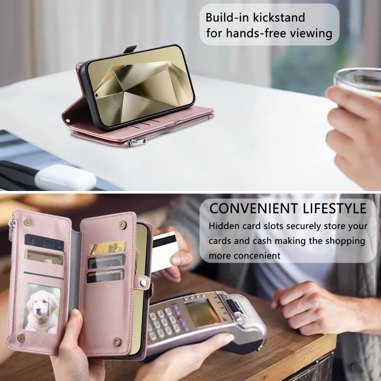 Funda de cuero con cremallera y ranura para múltiples tarjetas para Samsung Galaxy S25 FE 5G (oro rosa)