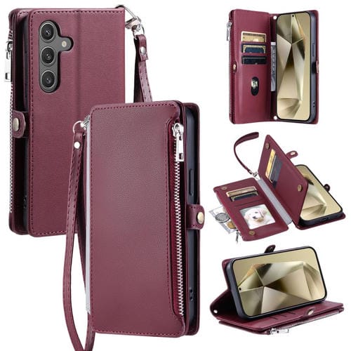 Funda de cuero con cremallera y ranura para múltiples tarjetas para Samsung Galaxy S25 FE 5G (rojo vino)