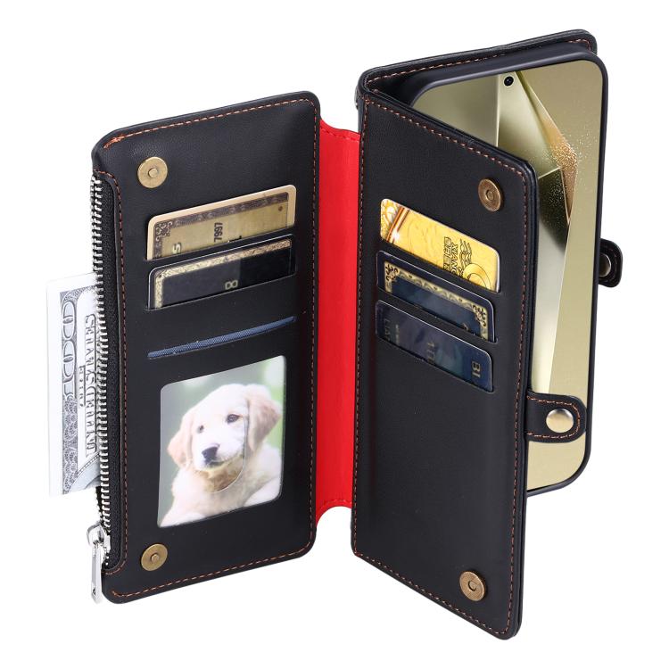 Funda de cuero con cremallera y ranura para múltiples tarjetas para Samsung Galaxy S25 FE 5G (negro)