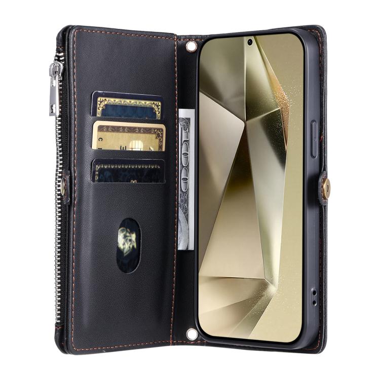 Funda de cuero con cremallera y ranura para múltiples tarjetas para Samsung Galaxy S25 FE 5G (negro)
