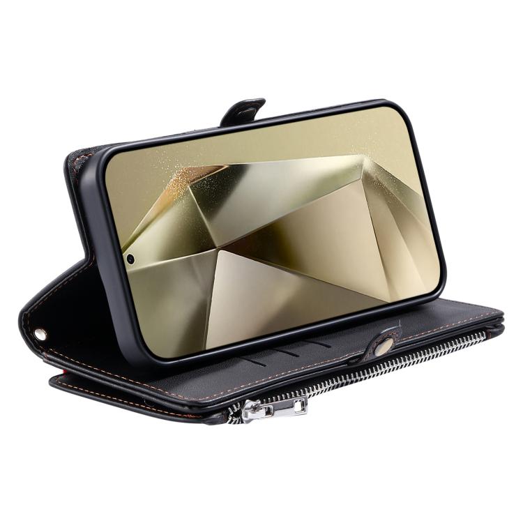 Funda de cuero con cremallera y ranura para múltiples tarjetas para Samsung Galaxy S25 FE 5G (negro)