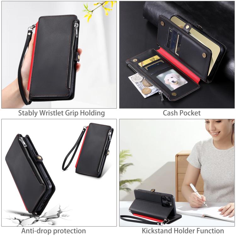 Funda de cuero con cremallera y ranura para múltiples tarjetas para Samsung Galaxy S25 FE 5G (negro)
