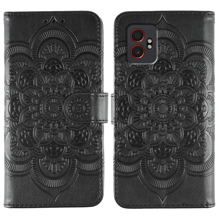 Funda de cuero con estampado de mandala y sol para Samsung Galaxy XCover7 Pro (negra)