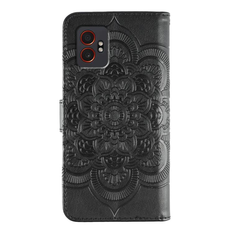 Funda de cuero con estampado de mandala y sol para Samsung Galaxy XCover7 Pro (negra)