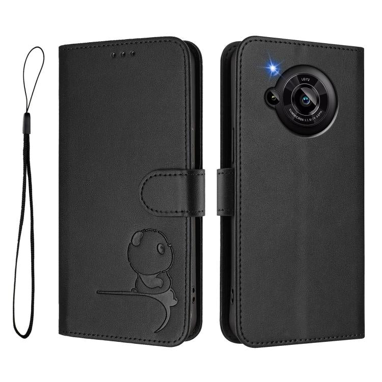 Funda de cuero RFID con estampado de panda y cordón para Sharp Aquos R7 SH-52C (negro)
