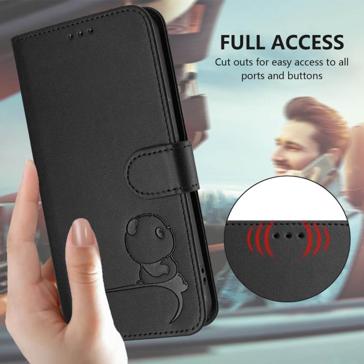 Funda de cuero RFID con estampado de panda y cordón para Sharp Aquos R7 SH-52C (negro)