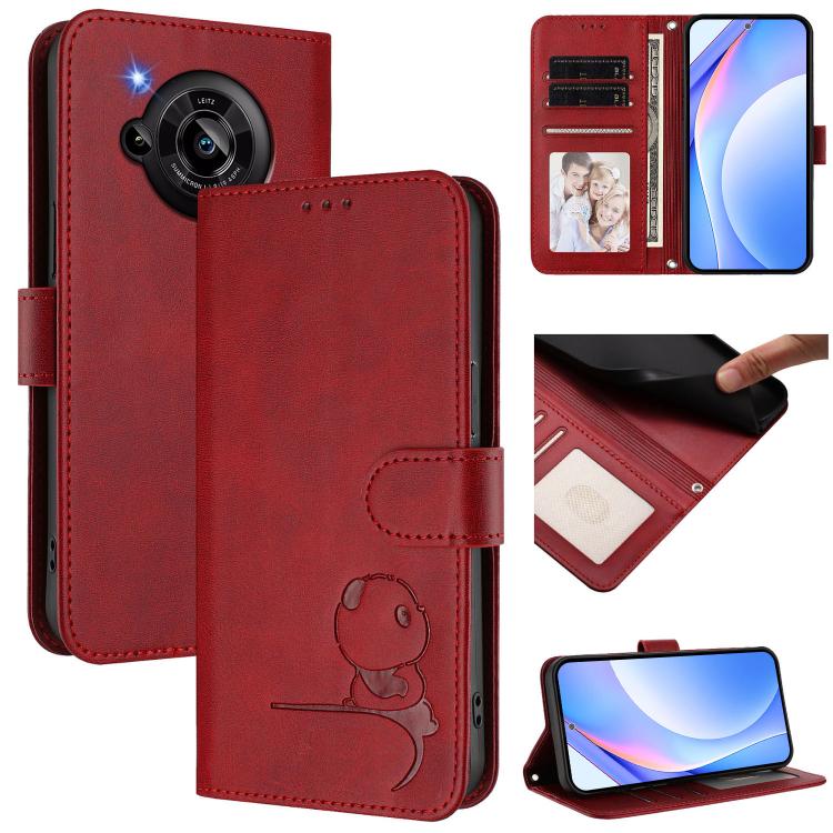 Funda de cuero RFID con estampado de panda y cordón para Sharp Aquos R7 SH-52C (rojo vino)