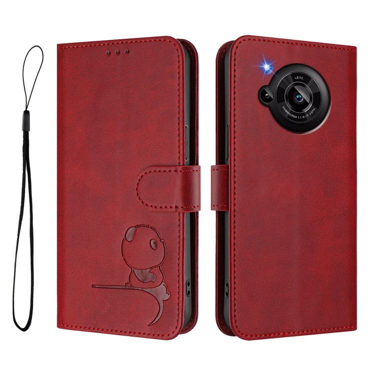 Funda de cuero RFID con estampado de panda y cordón para Sharp Aquos R7 SH-52C (rojo vino)