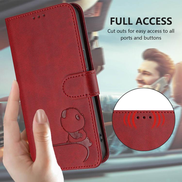 Funda de cuero RFID con estampado de panda y cordón para Sharp Aquos R7 SH-52C (rojo vino)